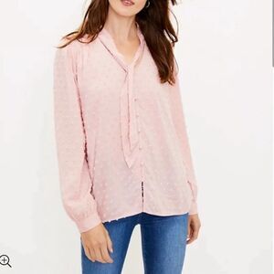LOFT Dusty Pink Clip Bow Swiss Dot Neck Tie Blouse M